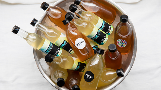 Kombucha flasker i en skål